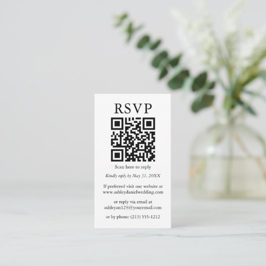 Minimalistisch eenvoudige QR RSVP zwarte strepen Informatiekaartje (Staand voorkant)