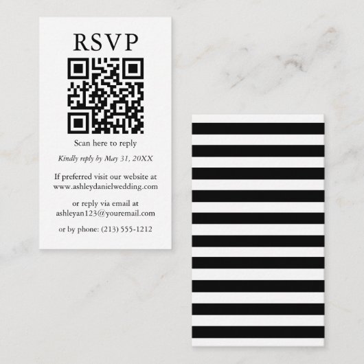 Minimalistisch eenvoudige QR RSVP zwarte strepen Informatiekaartje (Voorkant / Achterkant)