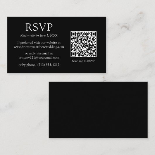 Minimalistisch eenvoudige zwarte QR-code RSVP Informatiekaartje (Voorkant / Achterkant)