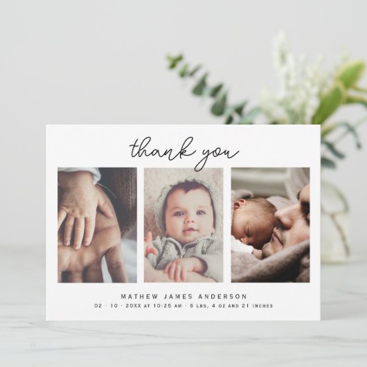 Minimalistisch Elegant 3 foto's dank u Baby shower Bedankkaart (Staand voorkant)