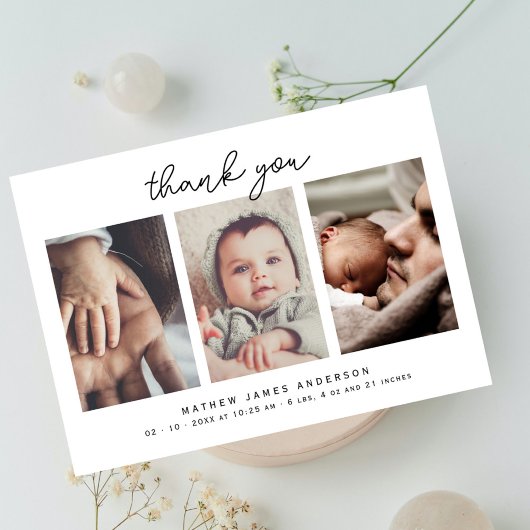 Minimalistisch Elegant 3 foto's dank u Baby shower Bedankkaart