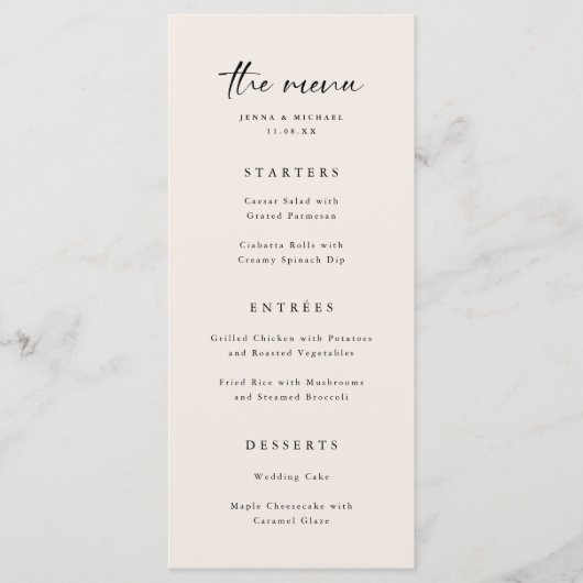 Minimalistisch Elegant Beige Script Wedding Menu (Voorkant)