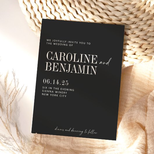 Minimalistisch Elegant Black en White Script Weddi Kaart