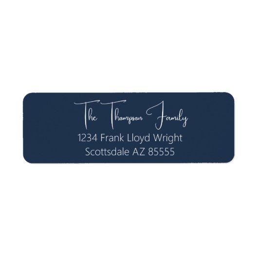 Minimalistisch elegant blauw script retouradres etiket (Voorkant)