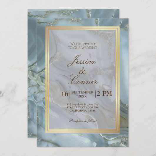 Minimalistisch Elegant Blue Marble bruiloft Gold Kaart (Voorkant / Achterkant)