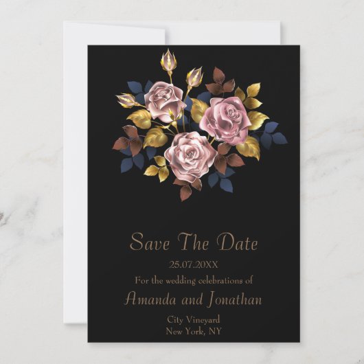 Minimalistisch Elegant Boho Zwart Goud Bloemen Bru Save The Date (Voorkant)