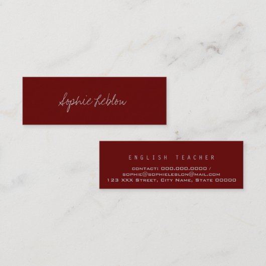 Minimalistisch Elegant Engels Leraar Donkerrood Mini Visitekaartje (Voorkant / Achterkant)