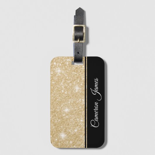 Minimalistisch Elegant Faux Gold Glitter en Zwart Bagagelabel (Voorkant (verticaal))