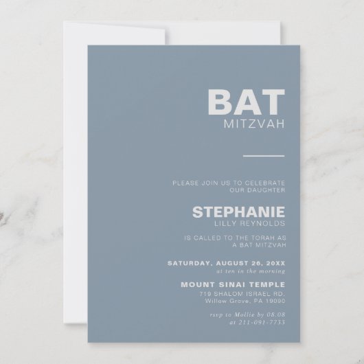 Minimalistisch elegant formaal blauw bat Mitzvah Kaart (Voorkant)