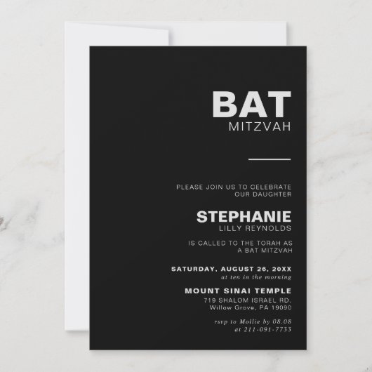 Minimalistisch elegant formaal zwart bat Mitzvah Kaart (Voorkant)