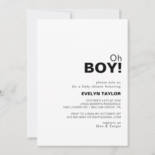 Minimalistisch Elegant Formal Oh Boy Baby shower Kaart (Voorkant)