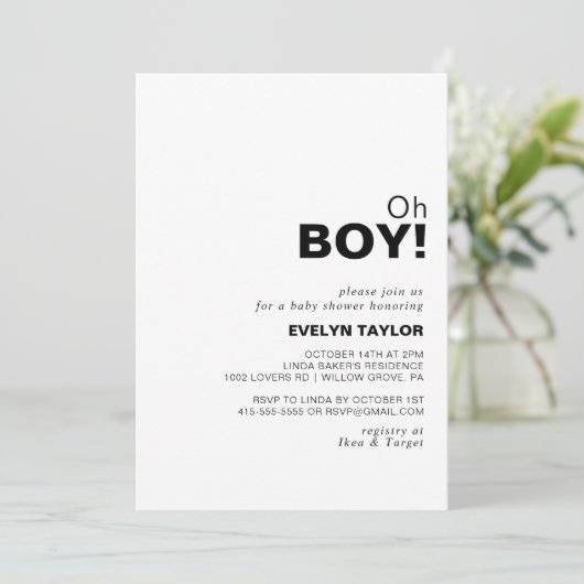 Minimalistisch Elegant Formal Oh Boy Baby shower Kaart (Staand voorkant)