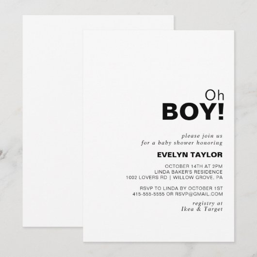 Minimalistisch Elegant Formal Oh Boy Baby shower Kaart (Voorkant / Achterkant)