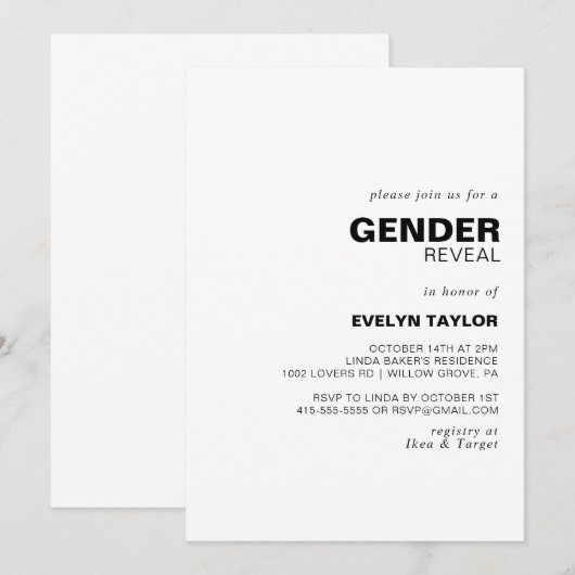 Minimalistisch elegant formeel geslacht onthullen kaart (Voorkant / Achterkant)