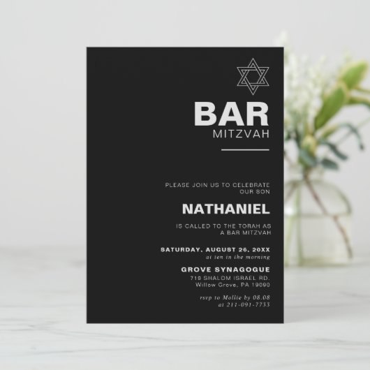Minimalistisch elegant formele zwarte balk Mitzvah Kaart (Staand voorkant)
