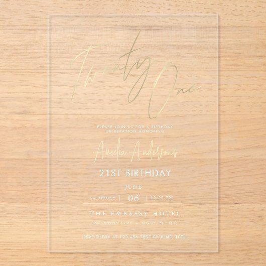 Minimalistisch Elegant Gold Script 21e verjaardag Acryl Uitnodigingen (Voorkant)