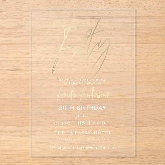 Minimalistisch Elegant Gold Script 50e verjaardag Acryl Uitnodigingen (Voorkant)