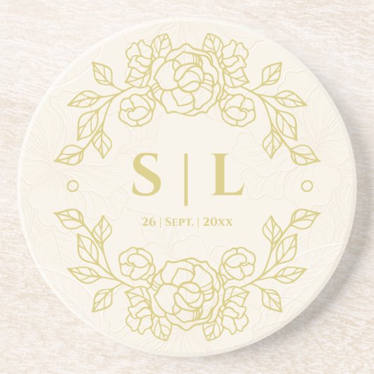 Minimalistisch Elegant Gouden Omtrek Bloemen Bruil Zandsteen Onderzetter (Voorkant)