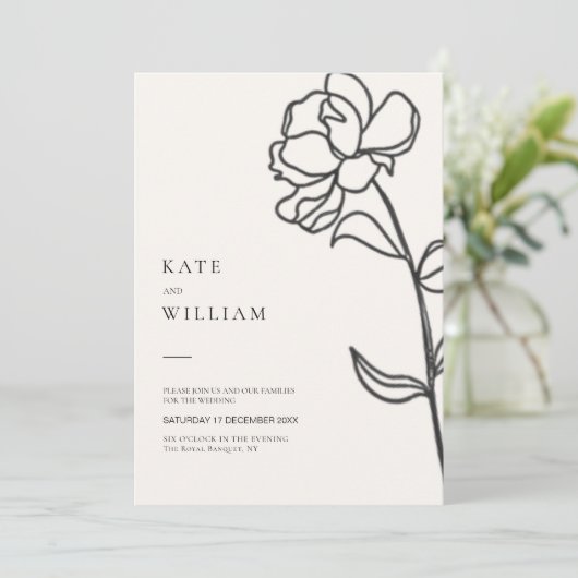 Minimalistisch Elegant Hand Drawn Floral Ivory Wed Kaart (Staand voorkant)