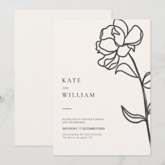 Minimalistisch Elegant Hand Drawn Floral Ivory Wed Kaart (Voorkant / Achterkant)