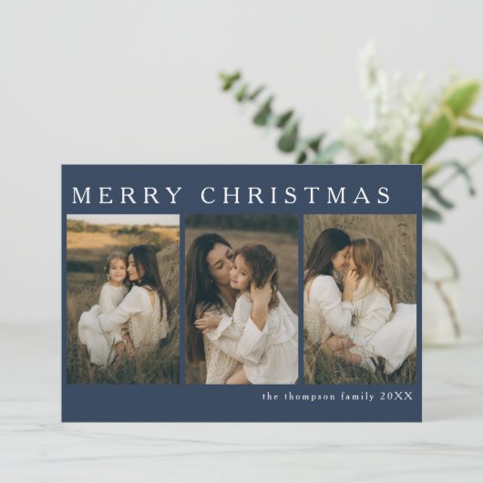 Minimalistisch Elegant Kerst Eenvoudig 4 Foto Blau Feestdagenkaart (Staand voorkant)