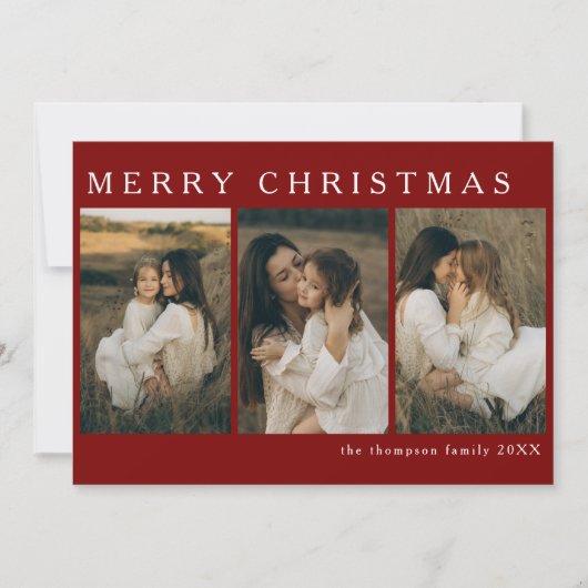 Minimalistisch Elegant Kerst Eenvoudig 4 Foto Rood Feestdagenkaart (Voorkant)