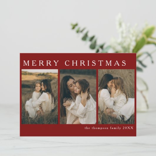 Minimalistisch Elegant Kerst Eenvoudig 4 Foto Rood Feestdagenkaart (Staand voorkant)