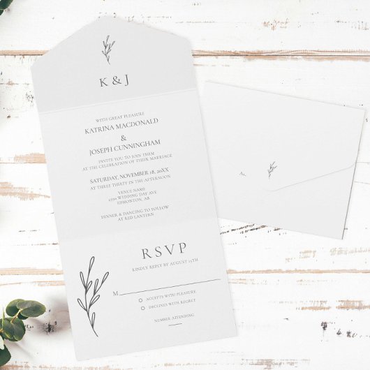Minimalistisch Elegant Monogram Bruiloft Zwart Wit All In One Uitnodiging