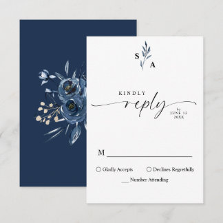 Minimalistisch Elegant Monogram Navy Blauwe Callig RSVP Kaartje