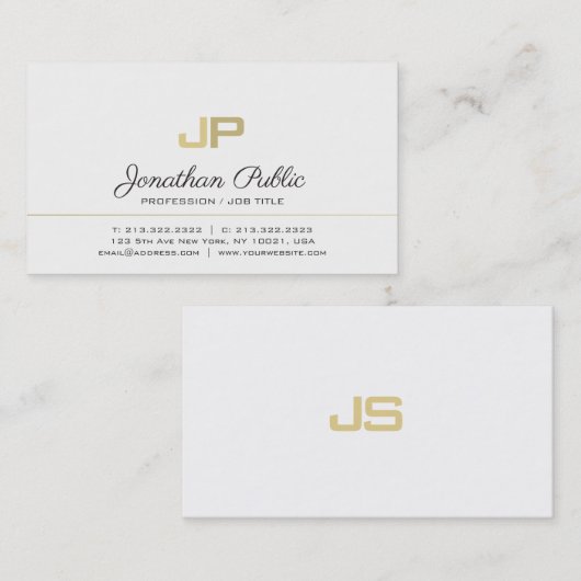 Minimalistisch Elegant Monogram Wit Goud Vlak Visitekaartje (Voorkant / Achterkant)