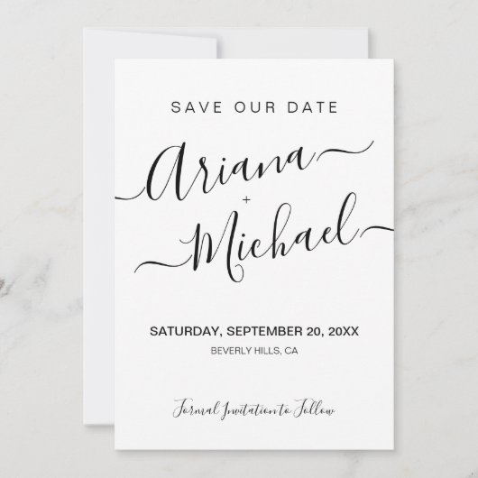 Minimalistisch Elegant Name Script Black White Wed Save The Date (Voorkant)