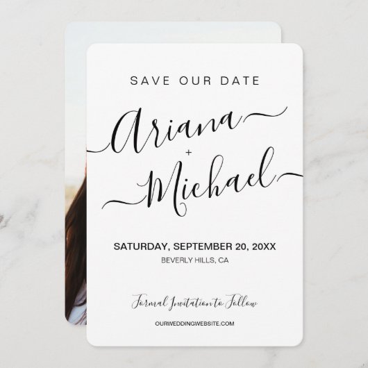 Minimalistisch Elegant Name Script Verloving foto Save The Date (Voorkant / Achterkant)
