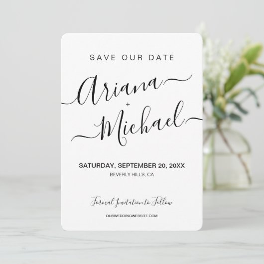 Minimalistisch Elegant Name Script Verloving foto Save The Date (Staand voorkant)
