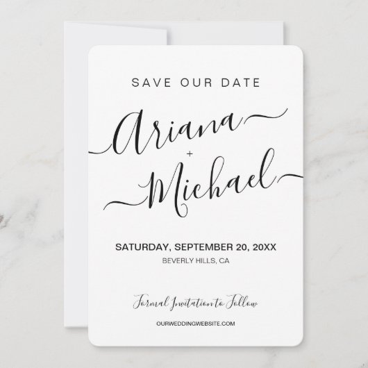 Minimalistisch Elegant Name Script Verloving foto Save The Date (Voorkant)