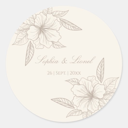 Minimalistisch Elegant Omtrek Bloemen Bruiloft Ronde Sticker (Voorkant)