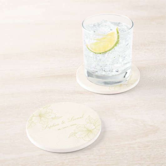 Minimalistisch Elegant Omtrek Bloemen Bruiloft Zandsteen Onderzetter (Zijkant)