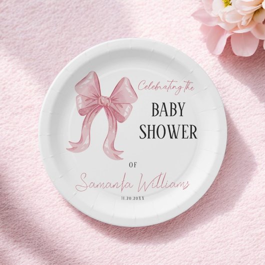 Minimalistisch Elegant Pink Bow Girl Baby shower Papieren Bordje