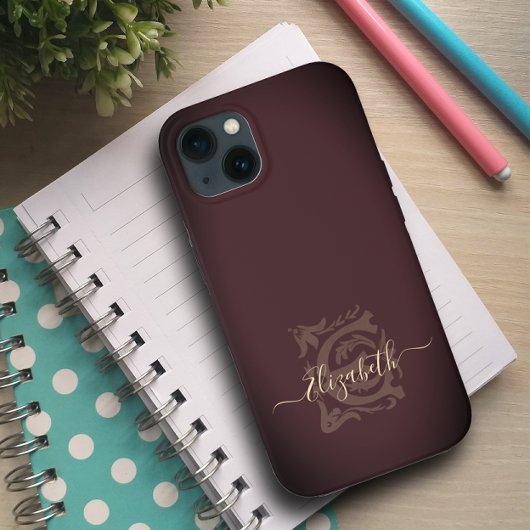 Minimalistisch Elegant Plum E Name Monogram Case-Mate iPhone Case