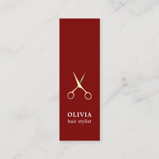 Minimalistisch Elegant Rood Faux Goud Schaar Haar Mini Visitekaartje (Voorkant)