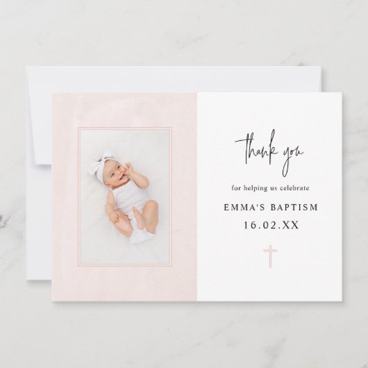 Minimalistisch Elegant Roze Waterverf Foto Baptism Bedankkaart (Voorkant)