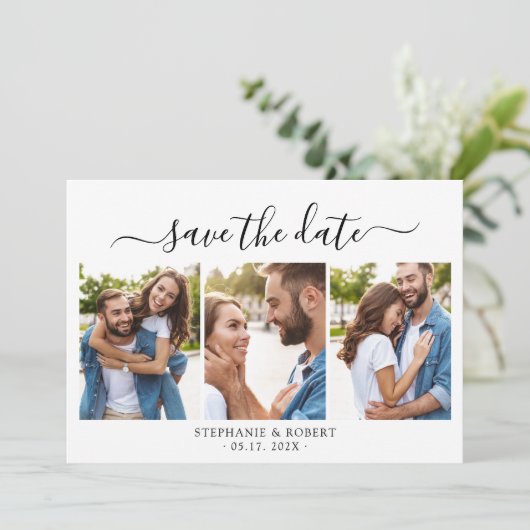 Minimalistisch Elegant Script 3 Fotocollage Bruilo Save The Date (Staand voorkant)