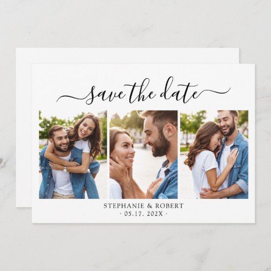 Minimalistisch Elegant Script 3 Fotocollage Bruilo Save The Date (Voorkant / Achterkant)
