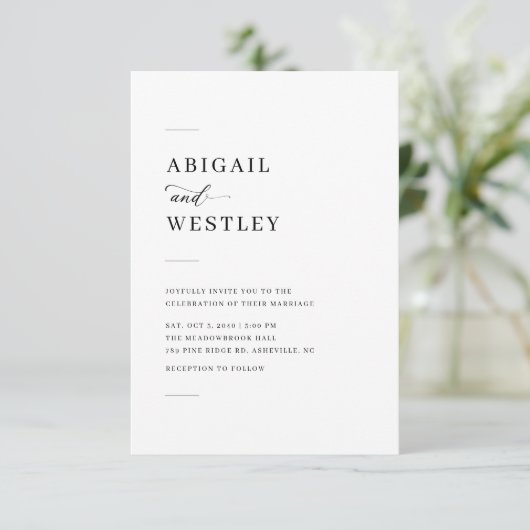 Minimalistisch Elegant Script Black and White Wedd Kaart (Staand voorkant)