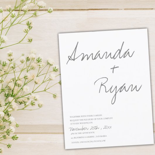 Minimalistisch Elegant Script Black and White Wedd Kaart