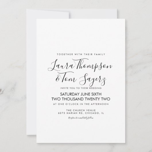 Minimalistisch Elegant Script Black White Wedding Kaart (Voorkant)