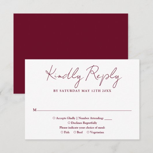 Minimalistisch Elegant Script Bourgogne Red Weddin RSVP Kaartje (Voorkant / Achterkant)