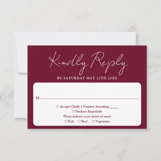 Minimalistisch Elegant Script Bourgogne Red Weddin RSVP Kaartje (Voorkant)
