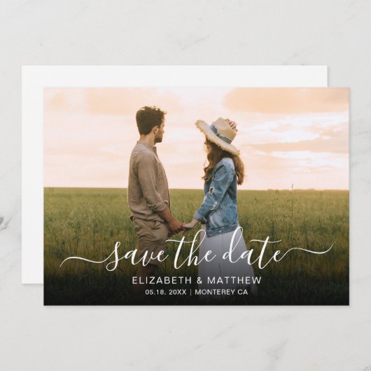 Minimalistisch Elegant Script Een foto bruiloft Save The Date (Voorkant / Achterkant)