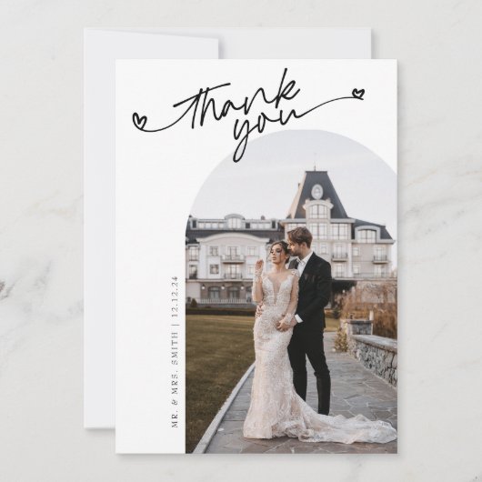 Minimalistisch Elegant Script Hart Foto Bruiloft Bedankkaart (Voorkant)
