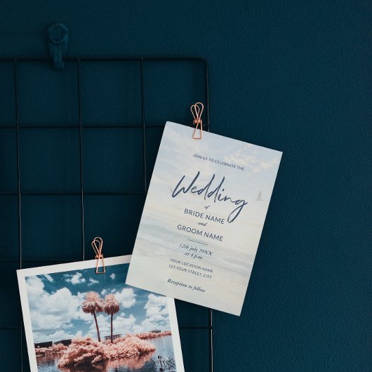 Minimalistisch Elegant Script Photo Beach Wedding Folie Uitnodiging